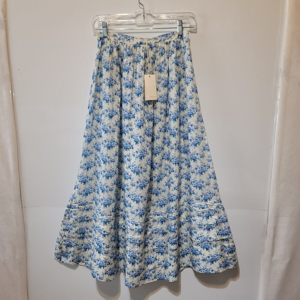 DÔEN Marcie Skirt Citron Rosier Floral Blue White Organic Cotton Maxi XS NWT* - Picture 2 of 11